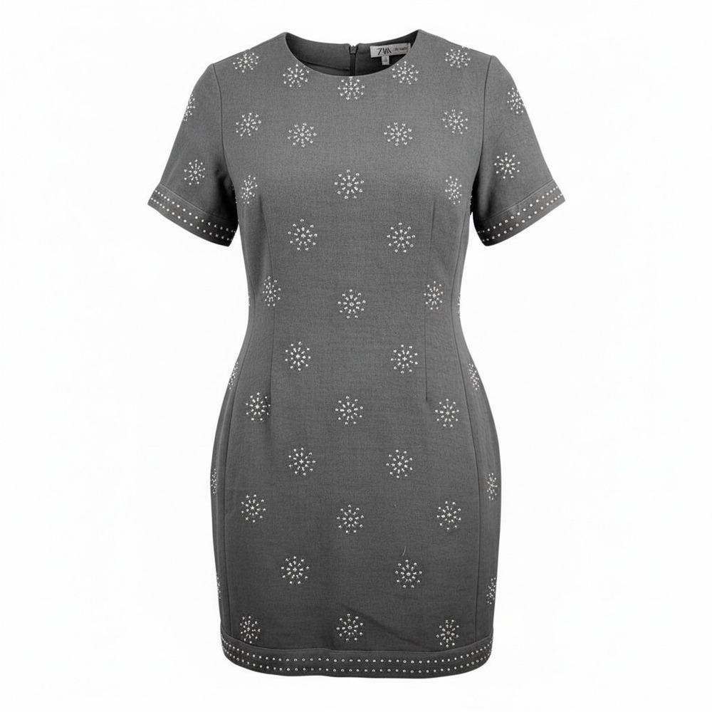ZARA linen blend Embellished Short‎ Sleeve Mini Dress studded preppy sz L